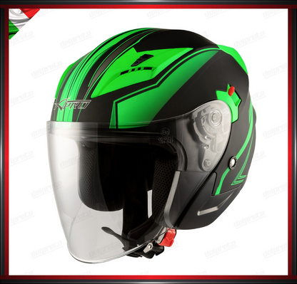 CASCO JET MOTO SCOOTER DOPPIA VISIERA NERO E VERDE OPACO OMOLOGATO ECE 22-05