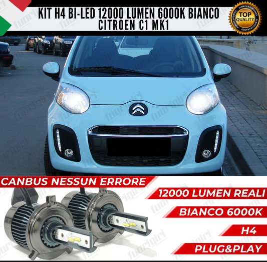 KIT LED H4 CITROEN C1 MK1 6000K BIANCO CANBUS 12000 LUMEN BI-LED NESSUN ERRORE