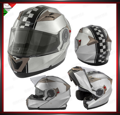 CASCO MODULARE DOPPIA VISIERA APRIBILE GRIGIO ARGENTO CON GRAFICA OMOLOGATO ECE2205