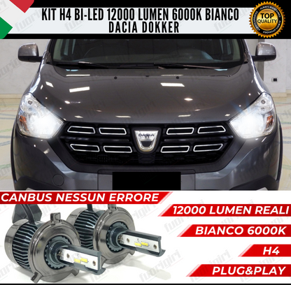 KIT LED H4 PER DACIA DOKKER 6000K BIANCO CANBUS 12000 LUMEN BI-LED ANBB+ABB NESSUN ERRORE