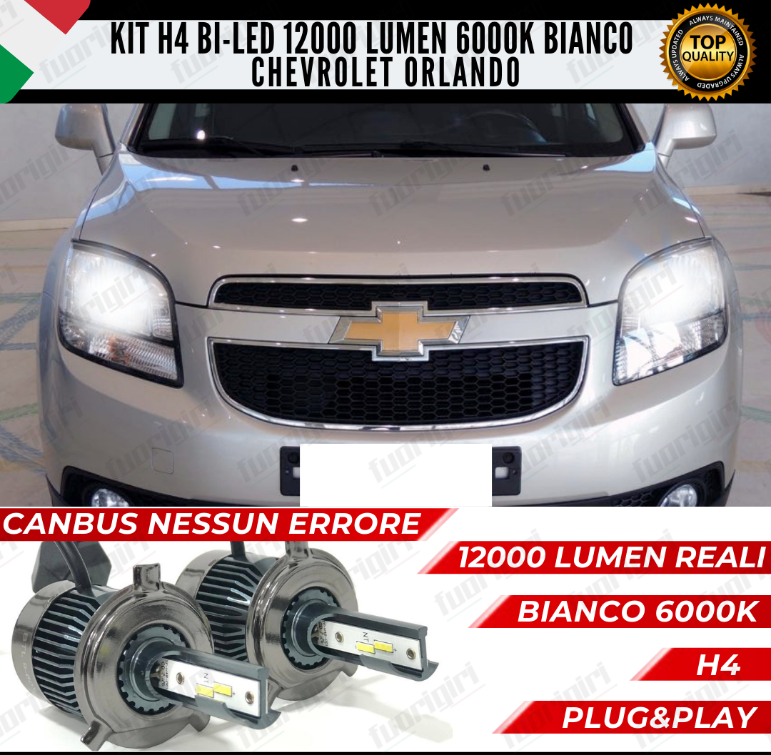 KIT LED H4 CHEVROLET ORLANDO 6000K BIANCO CANBUS 12000 LUMEN BI-LED ANABB+ABB NO ERRORE