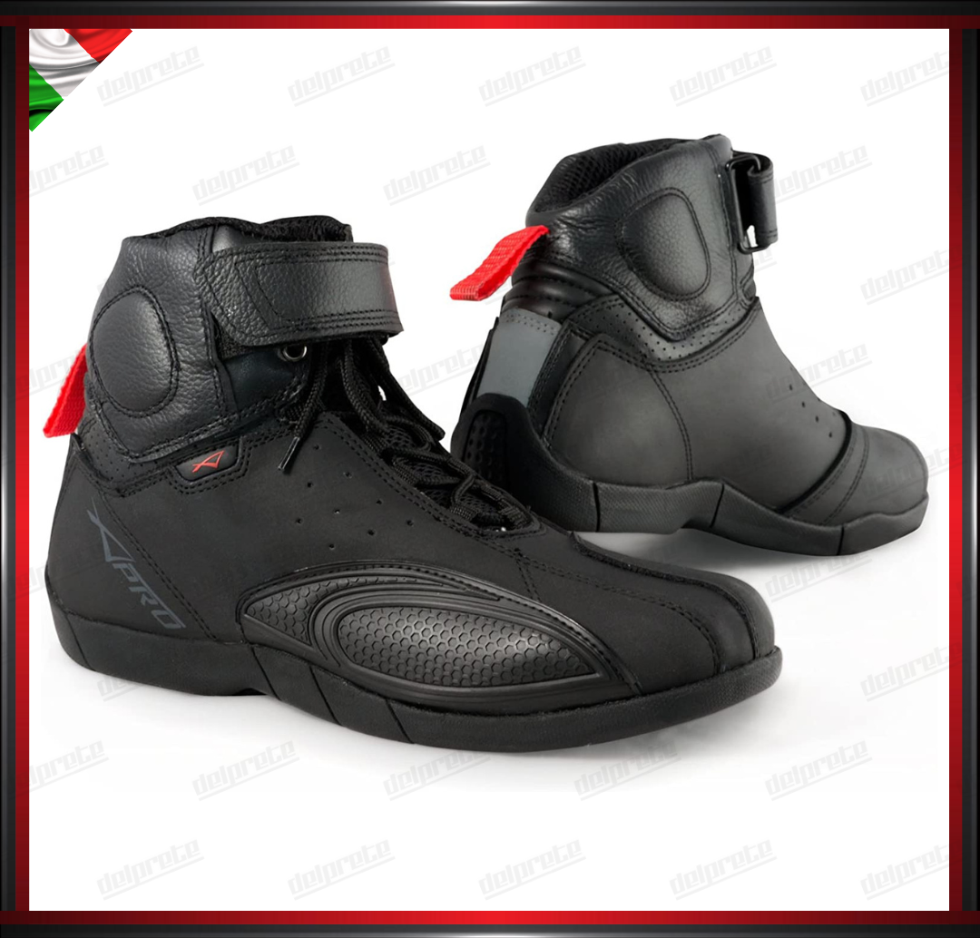 STIVALETTI SCARPE MOTO IN PELLE NERO PROTEZIONE TIBIA E TALLONE PUNTA RINFORZATA