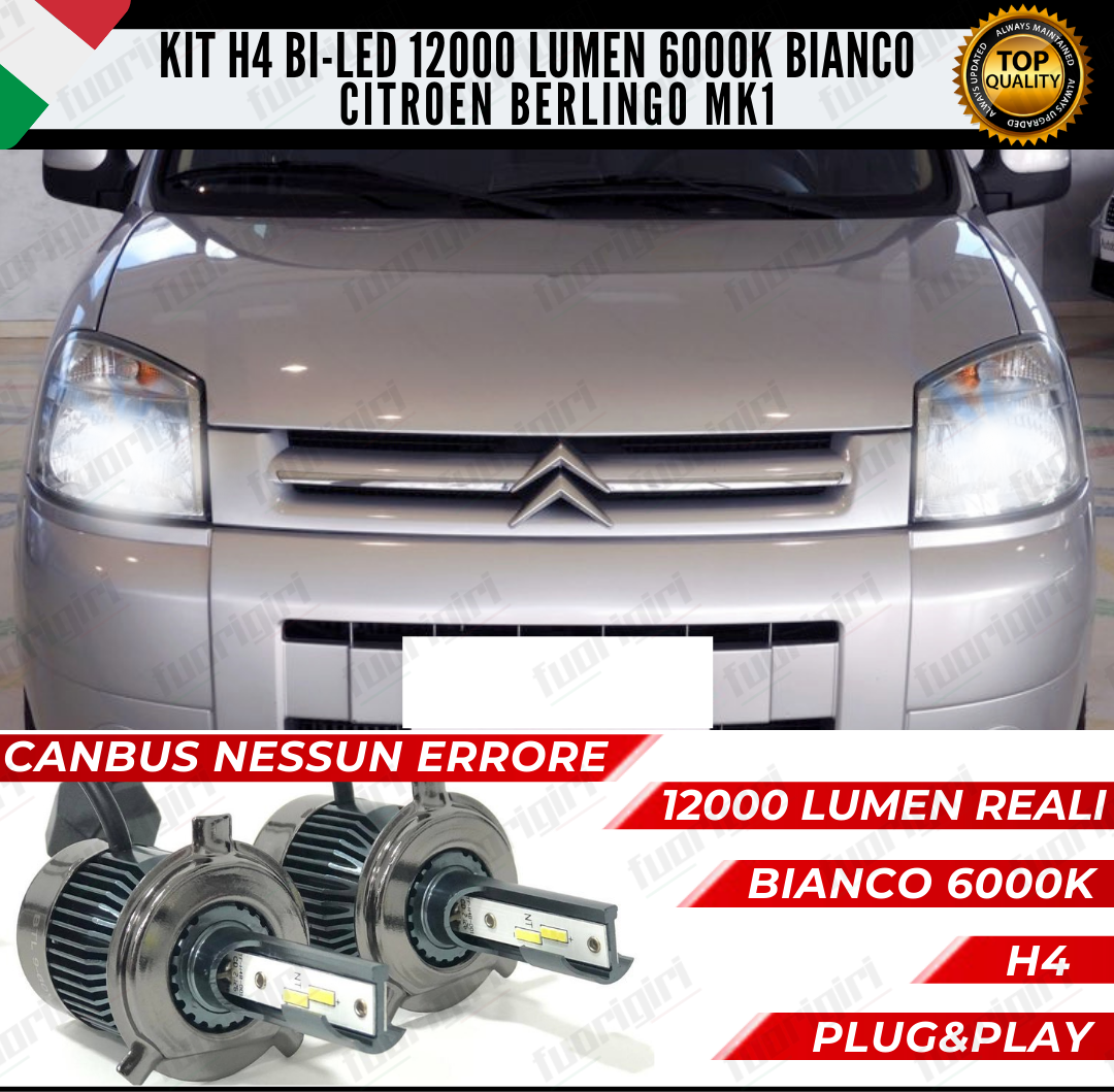 KIT LED H4 CITROEN BERLINGO I 6000K BIANCO CANBUS 12000 LUMEN BI-LED NO ERRORE