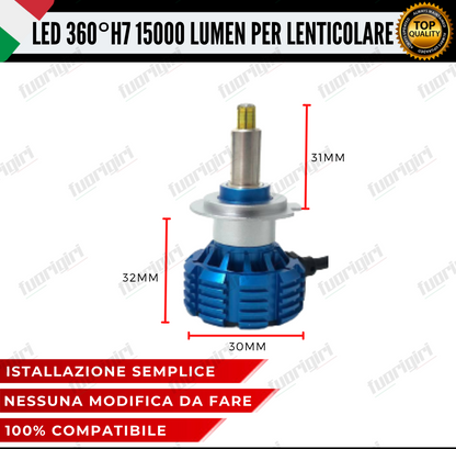 KIT FULL LED H7 360° GRADI 15000L CANBUS SPECIFICO PER FARI LENTICOLARI BIANCO