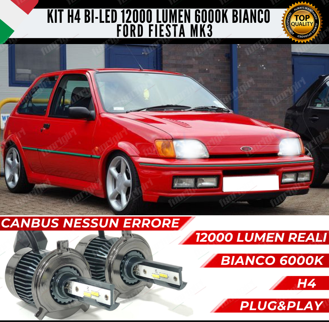 KIT LED H4 FORD FIESTA MK3 6000K BIANCO CANBUS 12000 LUMEN BI-LED NESSUN ERROR