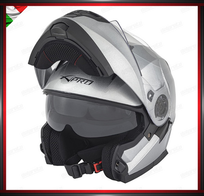 CASCO MODULARE GRIGIO ARGENTO APRIBILE MOTO CON VISIERA PARASOLE OMOLOGATO ECE 22-05