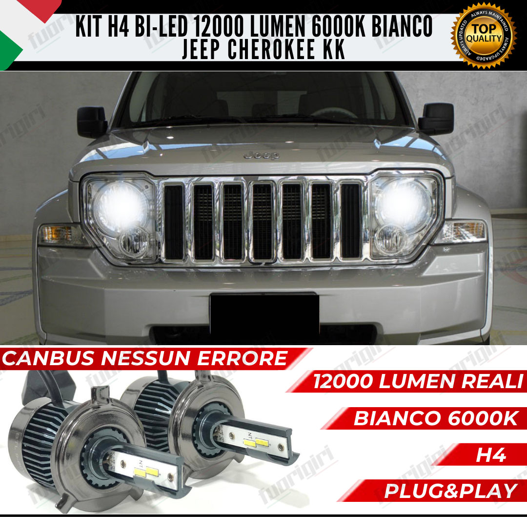 KIT LED H4 JEEP CHEROKEE KK 6000K BIANCO CANBUS 12000 LUMEN BI-LED NESSUN ERRORE