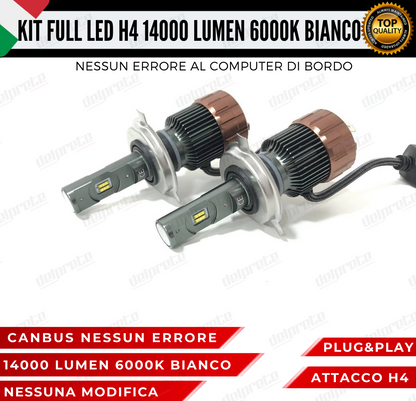 KIT LED FULL H4 6000K BIANCO14000 LUMEN REALI CANBUS LED 100% NO ERRORE ALLUMINIO AVIAZIONE