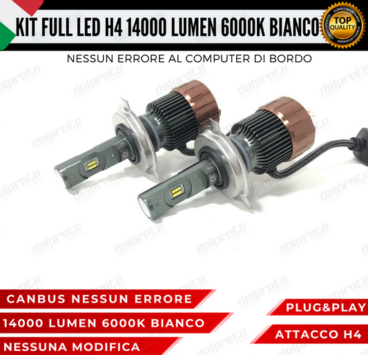 KIT LED FULL H4 6000K BIANCO14000 LUMEN REALI CANBUS LED 100% NO ERRORE ALLUMINIO AVIAZIONE