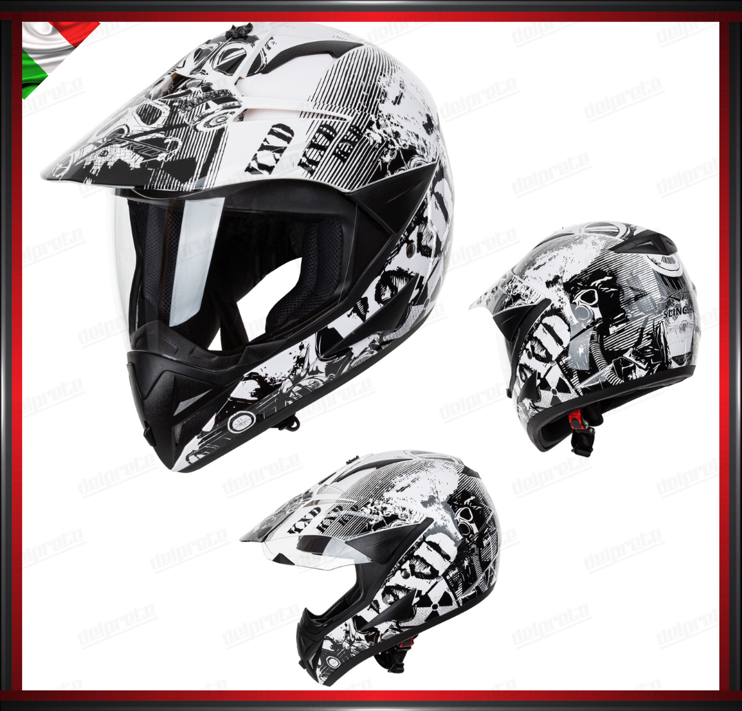 CASCO MOTO ENDURO CROSS NERO E BIANCO TRIAL ADVENTURE OFF ROAD OMOLOGATO ECE 22-05