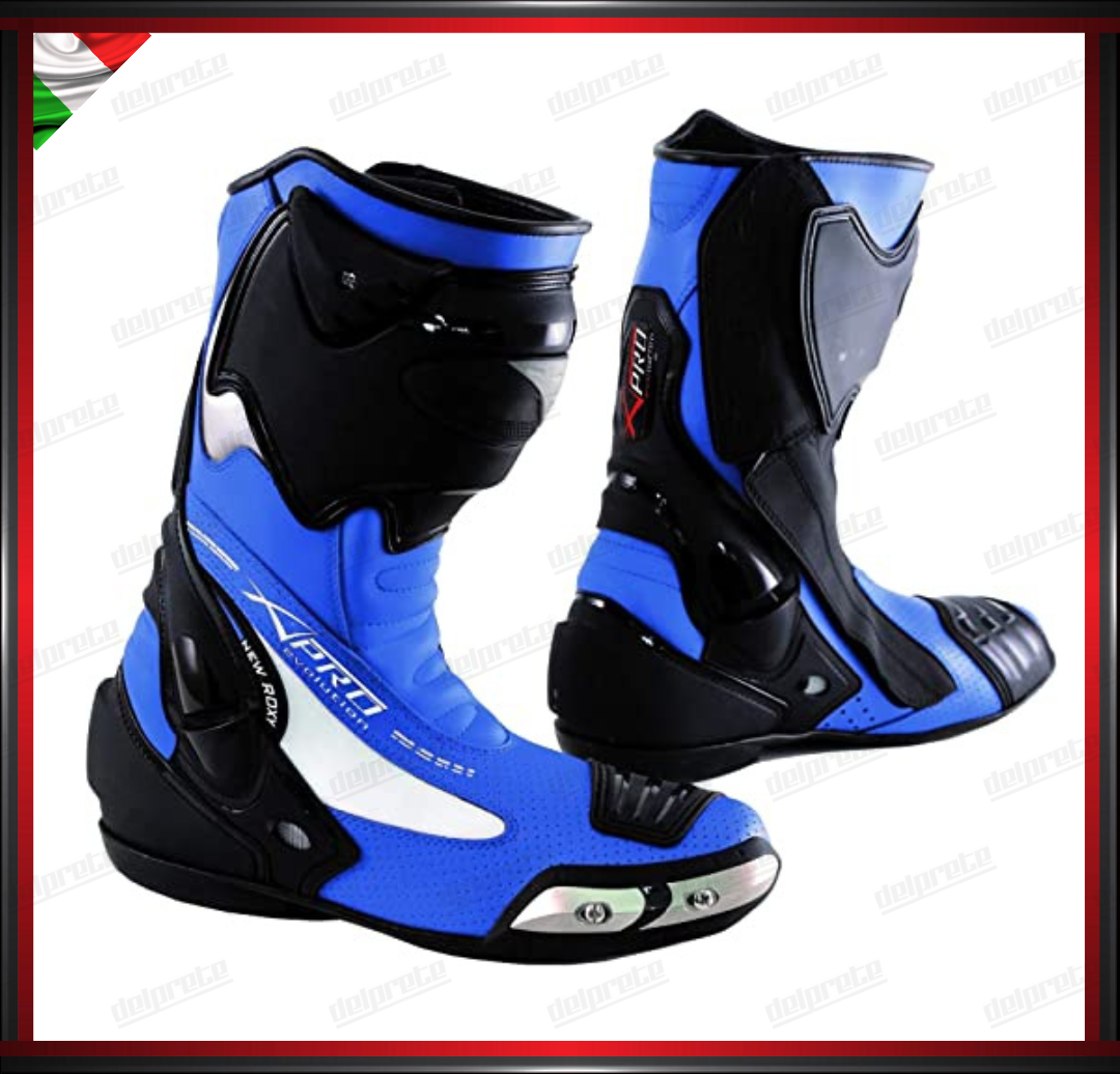 STIVALE MOTO TECNICO DA PISTA BLU IN PELLE CON ZIP LATERALE PROTEZIONE TIBIA TALLONE CAVIGLIA