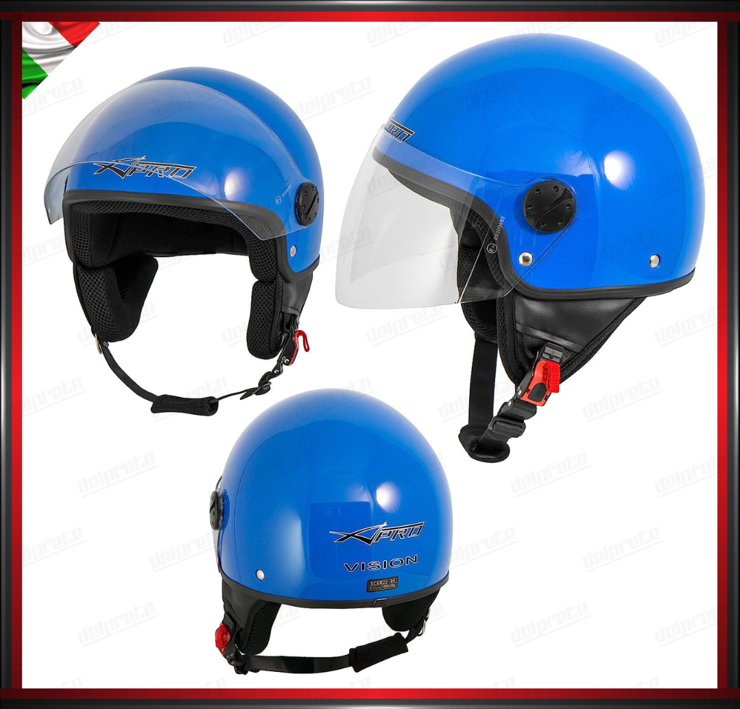 CASCO JET MOTO SCOOTER VISIERA LUNGA BLU LUCIDO OMOLOGATO ECE 22-05