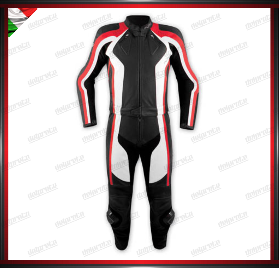 TUTA IN PELLE MOTO DIVISIBILE 2 PEZZI IN PELLE PIENO FIORE CON PROTEZIONI CE NERO E ROSSO