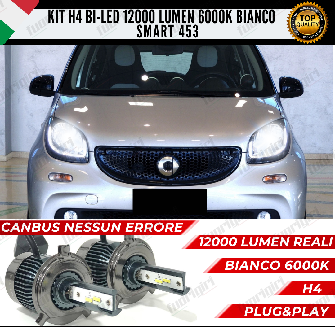 KIT LED H4 SMART FORTWO 453 6000K BIANCO CANBUS 12000 LUMEN BI-LED NO ERRORE (copia)