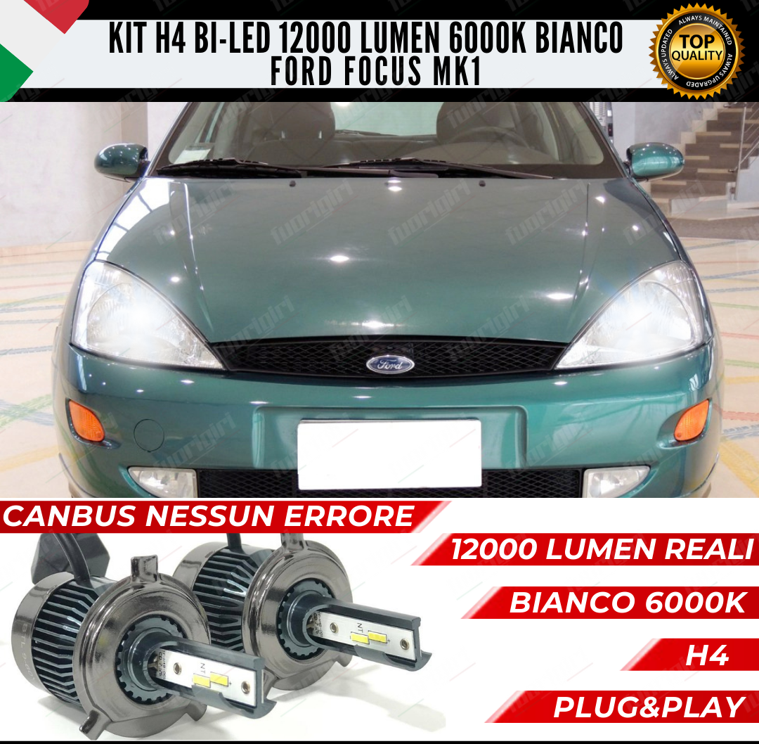 KIT LED H4 FORD FOCUS MK1 6000K BIANCO CANBUS 12000 LUMEN BI-LED NESSUN ERRORE (pre-2001)