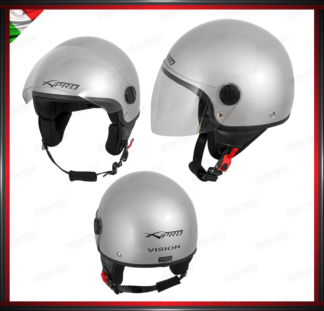 CASCO JET MOTO SCOOTER VISIERA LUNGA GRIGIO ARGENTO LUCIDO OMOLOGATO ECE 22-05