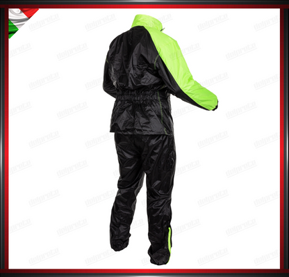 TUTA ANTIPIOGGIA MOTO DIVISIBILE TESSUTO CERATO FLUO ANTIACQUA 100% IMPERMEABILE ANTIVENTO