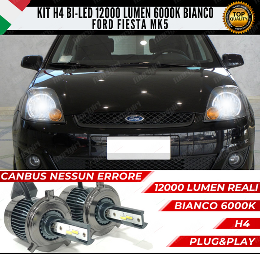 KIT LED H4 FORD FIESTA MK5 6000K BIANCO CANBUS 12000 LUMEN BI-LED NESSUN ERRORE