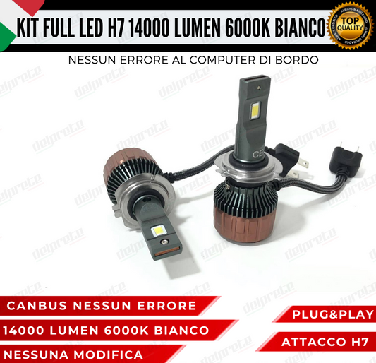 KIT LED FULL H7 6000K BIANCO 14000 LUMEN REALI CANBUS LED 100% NO ERRORE ALLUMINIO AVIAZIONE