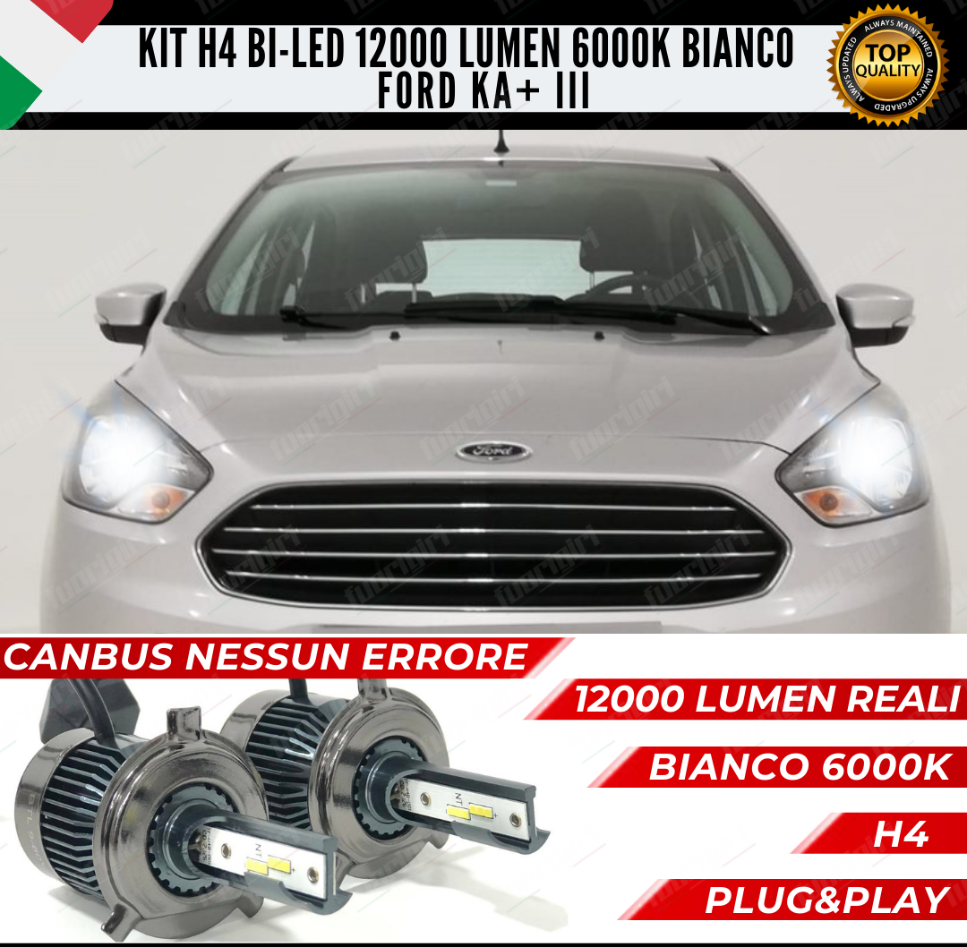 KIT LED H4 FORD KA KA+ III 6000K BIANCO CANBUS 12000 LUMEN BI-LED NESSUN ERRORE