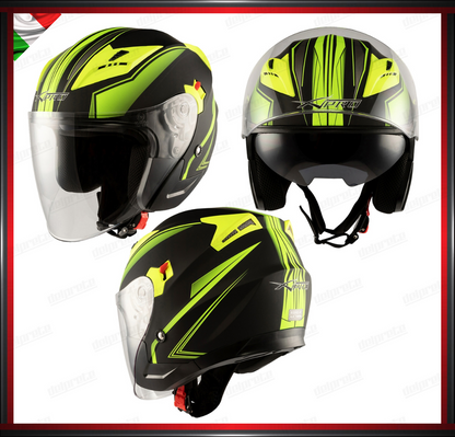 CASCO JET MOTO SCOOTER DOPPIA VISIERA NERO E FLUO OPACO OMOLOGATO ECE 22-05