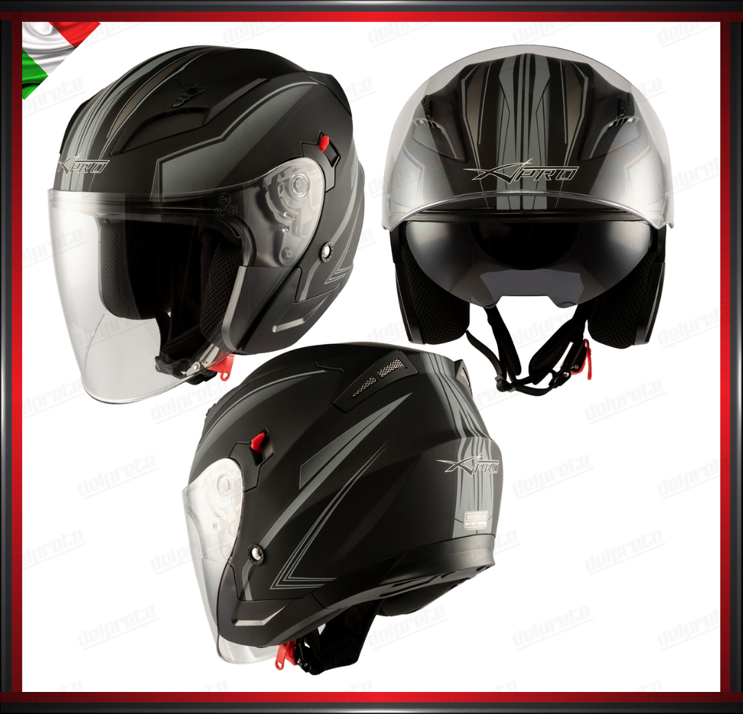 CASCO JET MOTO SCOOTER DOPPIA VISIERA NERO E SILVER GRIGIO OPACO OMOLOGATO ECE 22-05