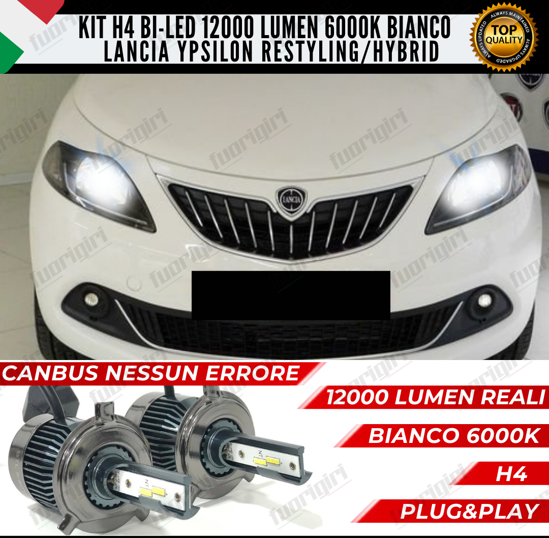 KIT FULL LED H4 6000K BIANCO LANCIA YPSILON HYBRID 12000 LUMEN 100% NO ERRORE