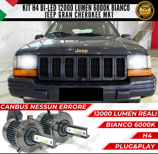 KIT LED H4 JEEP GRAN CHEROKEE MK1 6000K BIANCO CANBUS 12000 LUMEN BI-LED NO SPIA