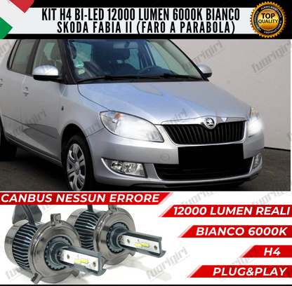 KIT LED H4 SKODA FABIA II 6000K BIANCO CANBUS 12000 LUMEN BI-LED NESSUN ERRORE