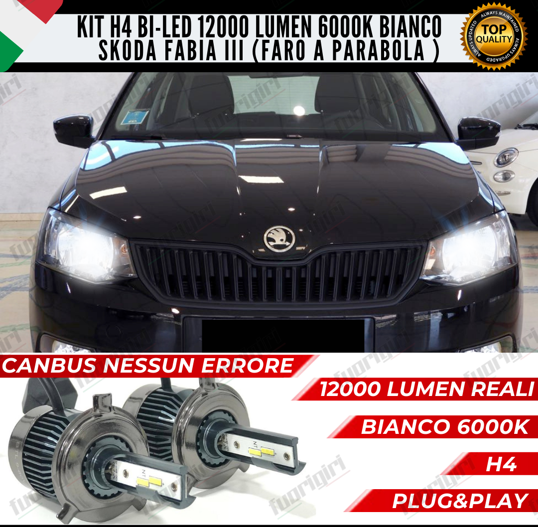 KIT LED H4 SKODA FABIA III 6000K BIANCO CANBUS 12000 LUMEN BI-LED NESSUN ERRORE