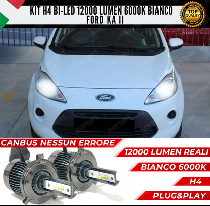 KIT LED H4 FORD KA MK2 6000K BIANCO CANBUS 12000 LUMEN BI-LED 100% NESSUN ERRORE