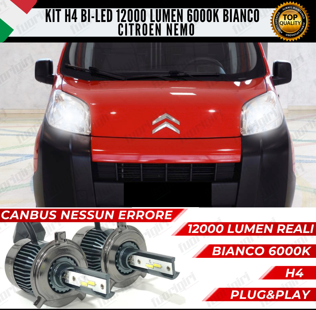 KIT LED H4 PER CITROEN NEMO 6000K BIANCO CANBUS 12000 LUMEN BI-LED NESSUN ERRORE