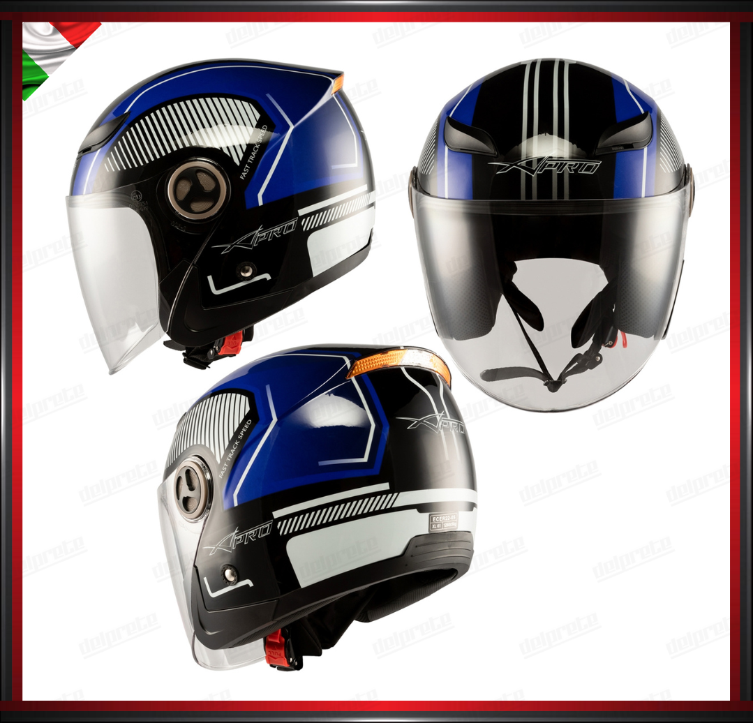 CASCO JET CITY MOTO SCOOTER CON VISIERA BLU GRAFICA OMOLOGATO ECE 22-05