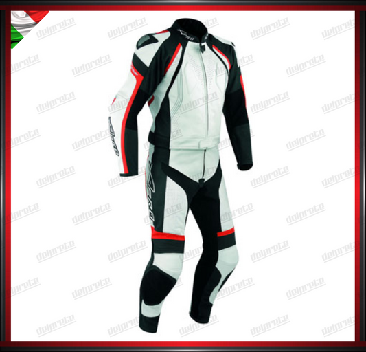 TUTA IN PELLE MOTO DIVISIBILE 2 PEZZI IN PELLE RACING CON PROTEZIONI CE ROSSO BIANCO