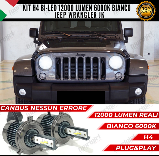 KIT LED H4 JEEP WRANGLER MK3 JK 6000K BIANCO CANBUS 12000 LUMEN BI-LED NO ERRORE