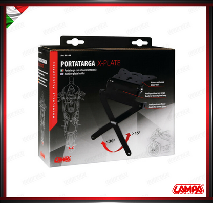 X-PLATE PORTATARGA MOTO UNIVERSALE NERO REGOLABILE ANODIZZATO FRECCE E LUCI TARGA