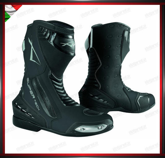 STIVALE MOTO TECNICO DA PISTA NERO IN PELLE CON ZIP LATERALE PROTEZIONE TIBIA TALLONE CAVIGLIA