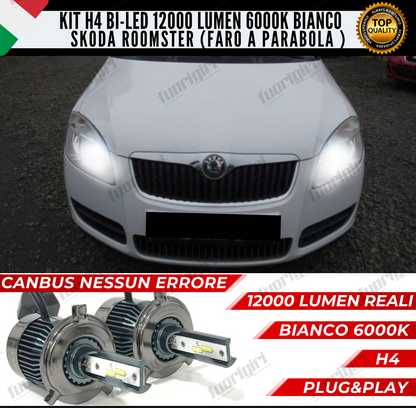 KIT LED H4 SKODA ROOMSTER 6000K BIANCO CANBUS 12000 LUMEN BI-LED NESSUN ERRORE