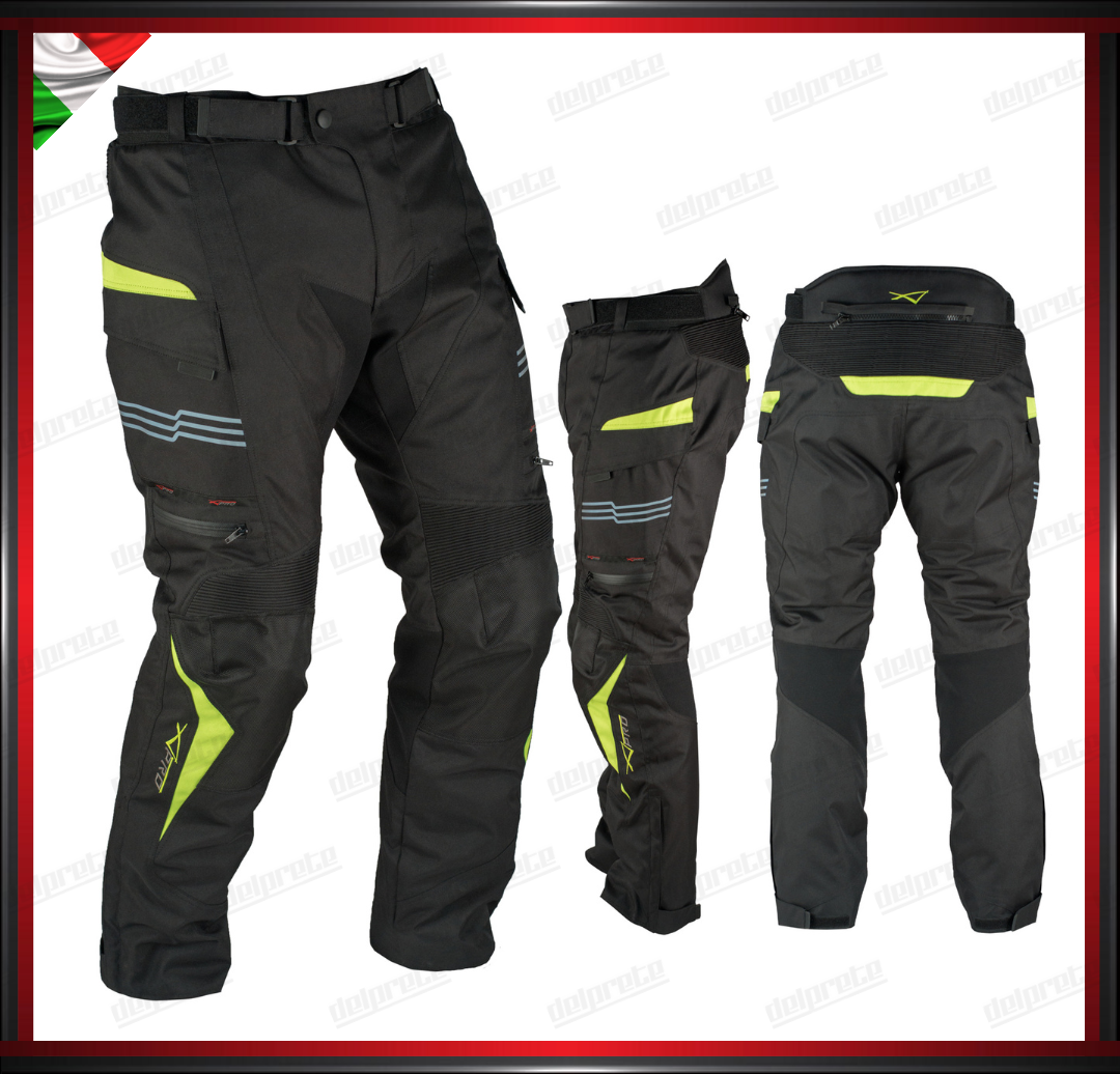 PANTALONI MOTO IN TESSUTO FLUO IMPERMEABILI CON TERMICA ESTRAIBILE PROTEZIONI CE