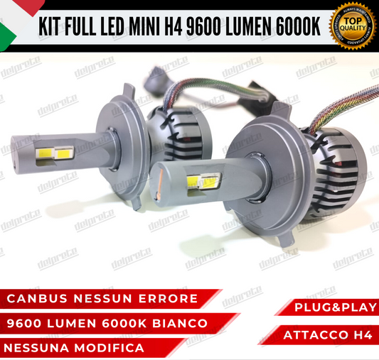 KIT FULL LED H4 6000K 9600 LUMEN 55W REALI BIANCO 100% NO ERROR ANABB+ABB