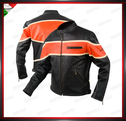 GIACCA IN PELLE VERO FIORE ARANCIONE E NERO PREDISPOSIZIONE PROTEZIONI CUSTOM BIKERS