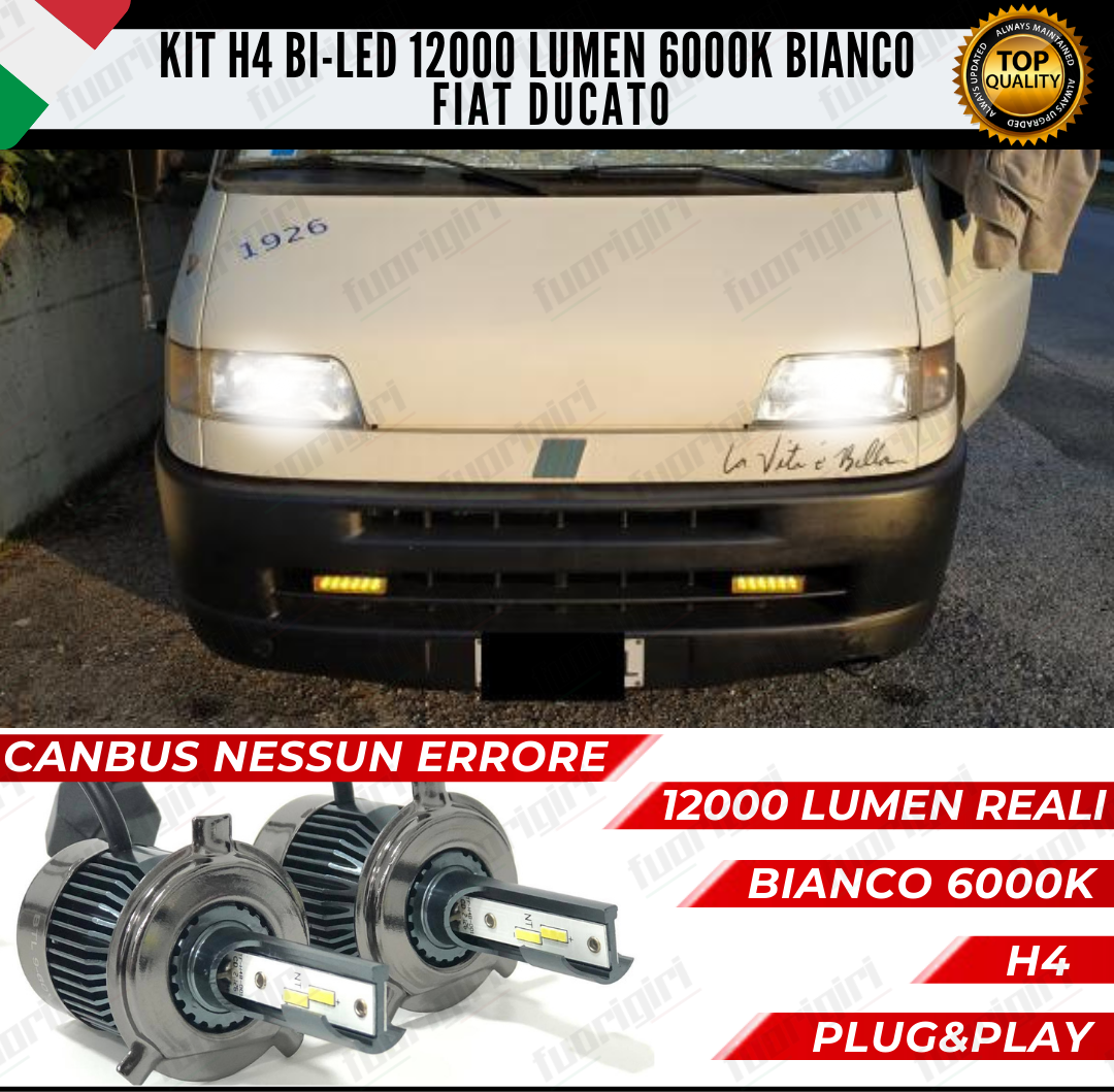 KIT LED H4 FIAT DUCATO 230 6000K BIANCO CANBUS 12000 LUMEN BI-LED ANABB+ABB NESSUN ERRORE