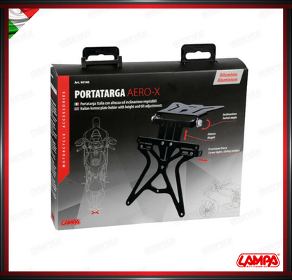 AERO-X PORTATARGA MOTO SOTTOPIANALE PIATTO UNIVERSALE REGOLABILE ALLUMINIO LAMPA