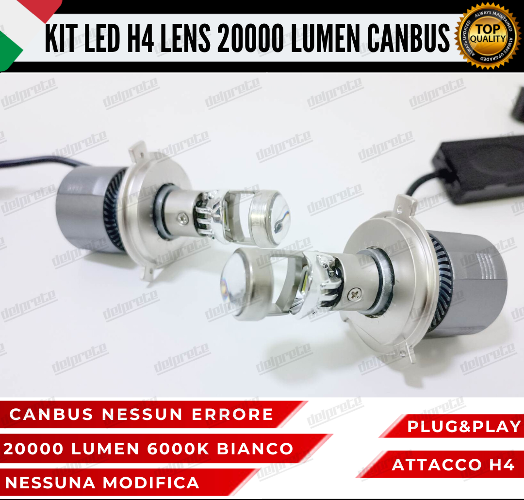 KIT LED H4 BI LED LENS LENTICOLARE 6000K BIANCO CANBUS 20000 LUMEN REALI CANBUS