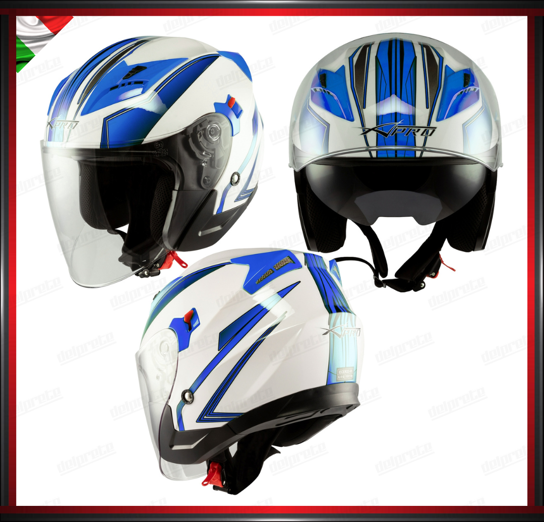 CASCO JET MOTO SCOOTER DOPPIA VISIERA BIANCO E BLU LUCIDO OMOLOGATO ECE 22-05