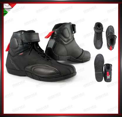 STIVALETTI SCARPE MOTO IN PELLE NERO PROTEZIONE TIBIA E TALLONE PUNTA RINFORZATA