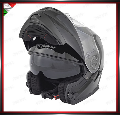 CASCO MODULARE NERO LUCIDO APRIBILE MOTO CON VISIERA PARASOLE OMOLOGATO ECE 22-05