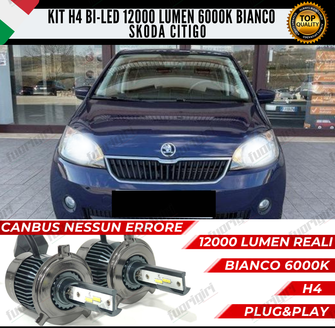 KIT LED H4 PER SKODA CITIGO 6000K BIANCO CANBUS 12000 LUMEN BI-LED NESSUN ERRORE