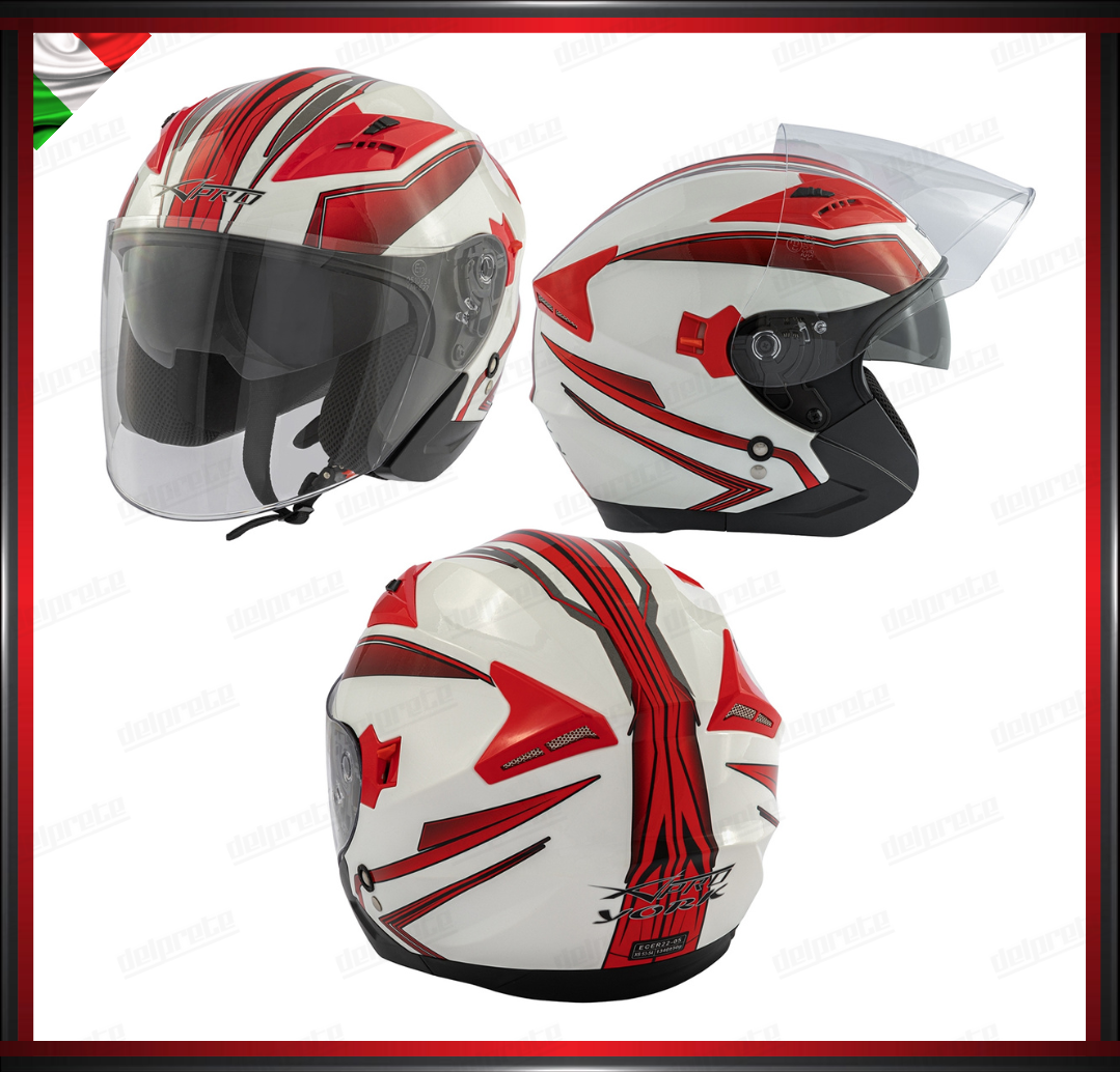 CASCO JET MOTO SCOOTER DOPPIA VISIERA BIANCO E ROSSO LUCIDO OMOLOGATO ECE 22-05