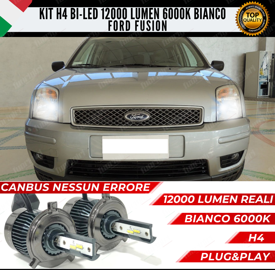 KIT LED H4 FORD FUSION 6000K BIANCO CANBUS 12000 LUMEN BI-LED NESSUN ERRORE